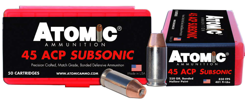 Ammunition Atomic Ammunition 401 ft lbs 45ACP ATOMIC 00439 45ACP       250 SUBSONIC HP     50/10 • Model: 401 ft lbs